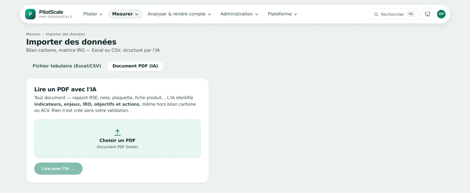 Écran de lecture d'un PDF par l'IA dans PilotScale.